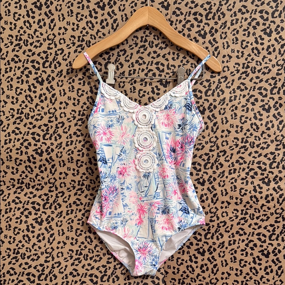 Lilly Pulitzer Girls DANICA SWIMSUIT Crew Blue Tint Sea Shining Sea 14
